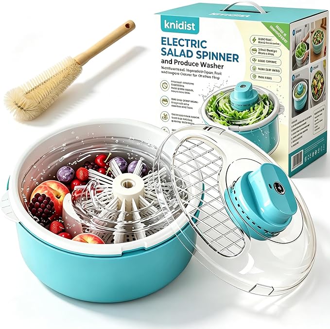 Automatic Fruit and Vegetable Spinner & Strainer - Fruit Washer and Lettuce Spinner with Drain Basket, Salad Spinner for Lettuce, Greens, Produce & Kitchen Meal Prep，Blue