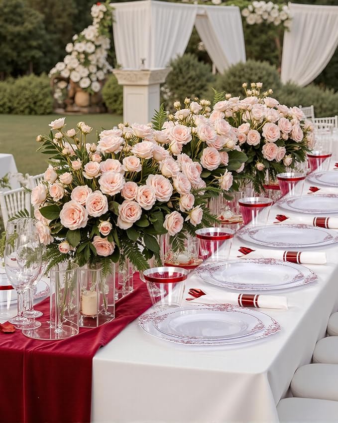 Nervure 175Pcs Red Plastic Plates, Red Plastic Dinnerware Set for 25 Guests | 25 7.5" Dessert & 25 10.25" Dinner Plastic Plate, 75 Cutlery, 25 9oz Cup, 25 Napkin for Wedding & Party, BPA-free, Heavy-duty