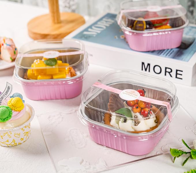 NPLUX Square Cake Pans with Lids, 50 Pack Pink 10oz for Birthday Treats | Works for crumble cups, panna cotta, custard and snack servings; label area supports flavor organization.