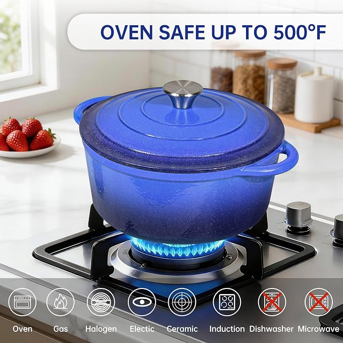 5 QT Enameled Cast Iron Dutch Oven Pot with Lid & Gold Powder | Dutch Oven for Sourdough Bread Baking, Braising, Stews, Roasting, Oven Safe up to 500° F, Blue Kitchen Cookware with Handls