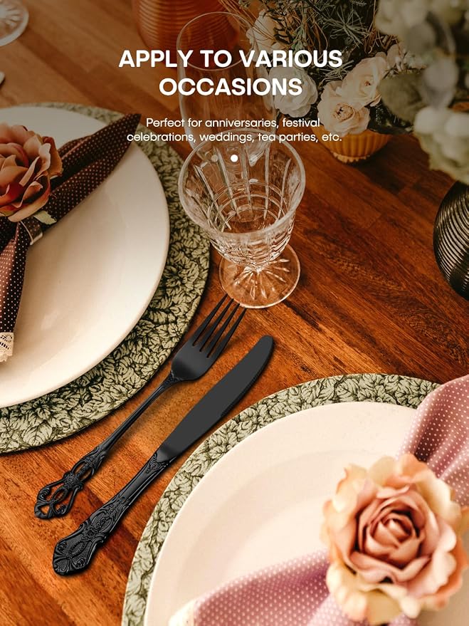 Stapava 30 Pcs Black Silverware Set, Gorgeous Retro Royal Silverware Set for 6, Stainless Steel Mirror Flatware Cutlery Set, Include Forks Spoons and Knives set, Dishwasher Safe Utensils