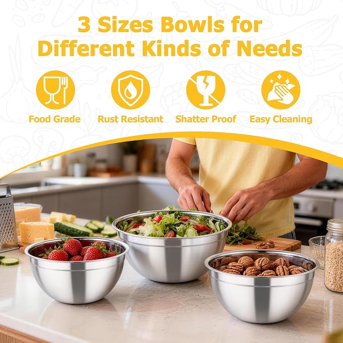 TeamFar Mixing Bowls with Lids, 4.5/3/1.5 QT Stainless Steel Nesting Bowls | Salad Bowls with Airtight Lids, For Serving/Mixing/Storing/Prepping, Healthy & Sturdy, Visible & Easy Clean, Khaki, Set of 3