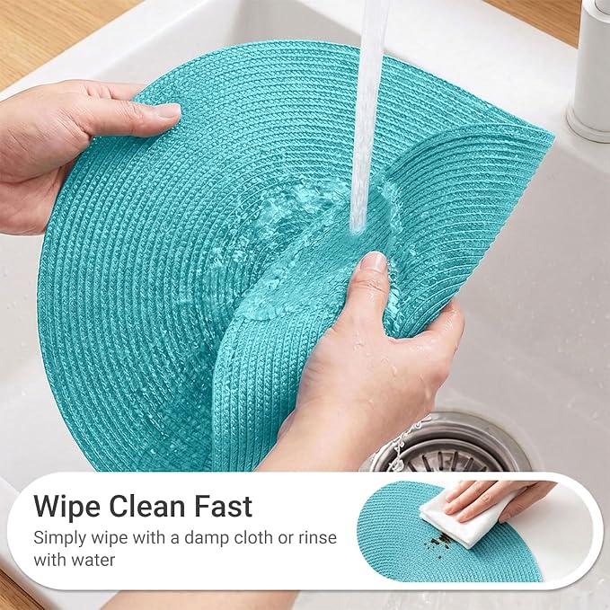 FunWheat Round Braided Placemats Set of 4 Table Mats for Dining Tables Woven Washable Non-Slip Place mats 15inch (Turquoise, 4pcs)