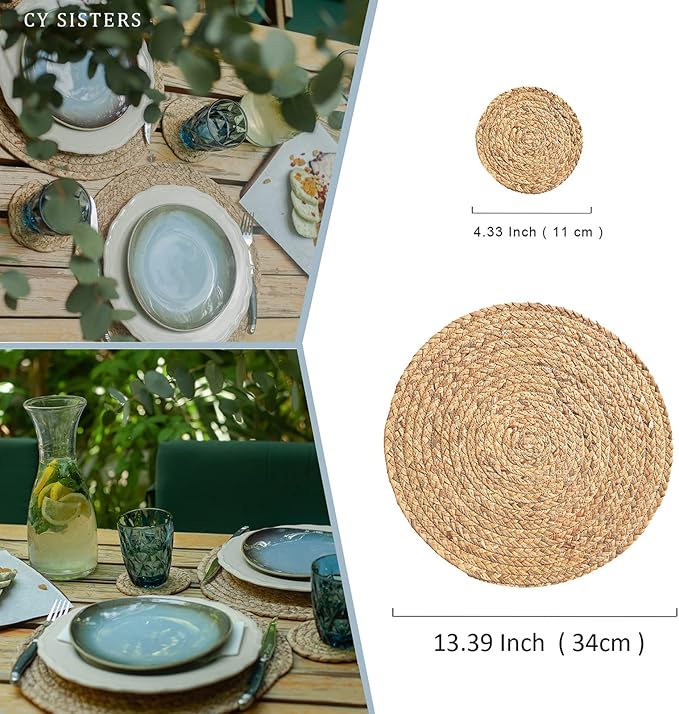 Round Placemats Set of 8 Natural Woven Rattan Placemats, Braided Boho Farmhouse Place Mats Heat Resistant Dining Table Mats Straw Placemat Wicker Outdoor Placemat for Patio Table 13.4''