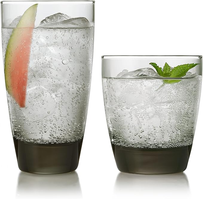 Libbey Classic Tumbler & Rocks Drinking Glasses Set of 16, Clear Glass Cups | 18 oz and 13 oz Capacities for Water, Soda, Cocktails, and More with Smoke-Tinted Bases and Dishwasher-Safe Cleanup
