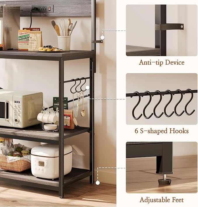 SUPERJARE Bakers Rack with Power Outlets, Microwave Stand, 31.5 X 16.5 Inch Larger Desktop, Kitchen Storage Rack with Adjustable Middle Shelf, 6 S-Shaped Hooks, Coffee Bar Stand, Grey