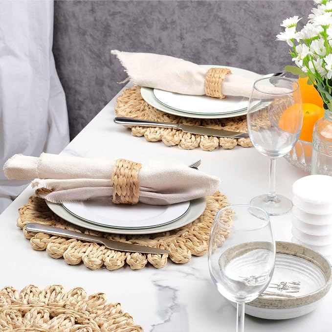 15" Corn Husk Woven Round Placemats Set of 4 - Wicker Boho Farmhouse Placemats - Rattan Table Mats Like Water Hyacinth for Dining Table, Wedding, Home, Christmas, Party