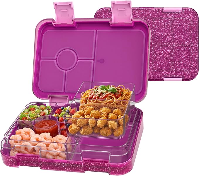 Bento Lunch Box for Kids, 5/6 Compartments, Shiny Purple and Clear | Dishwasher Safe Back to School Snack Bento Lunch Containers Boxes, Ideal Portion Sizes for On-the-Go Meal, Ages 3+, School