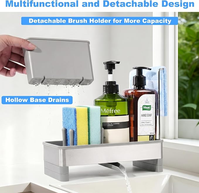 Sponge Holder for Kitchen Sink Caddy Organizer, Dish Brush Holder | Stainless Steel Sponge Caddy for Kitchen Countertop Organizer, Rustproof Dish Soap and Sponge Rack with Dishcloth Drying Rack