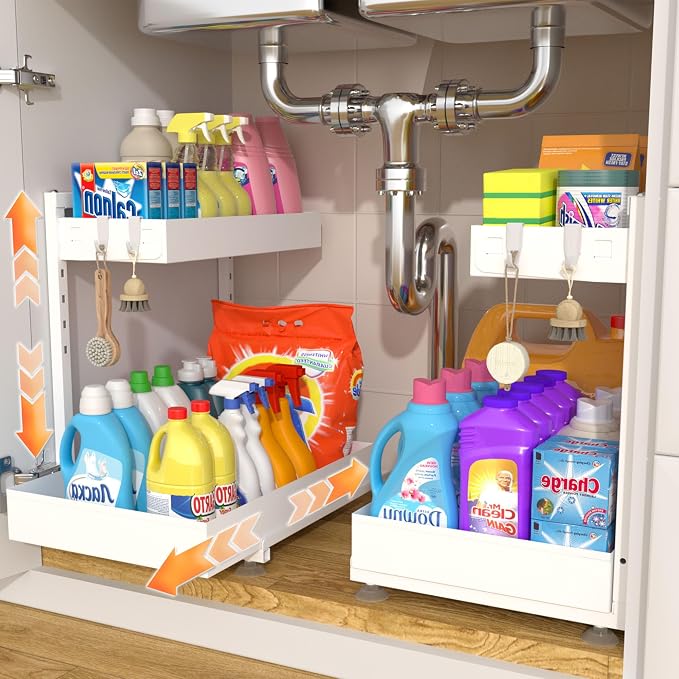 TATAANTY Under Sink Organizer, L-Shaped Metal 2-Tier Double Pull-Out Drawer for Kitchen & Bathroom Cabinets, Adjustable Height Storage - 50lbs Heavy Duty Waterproof 2PCS Height Adjustable