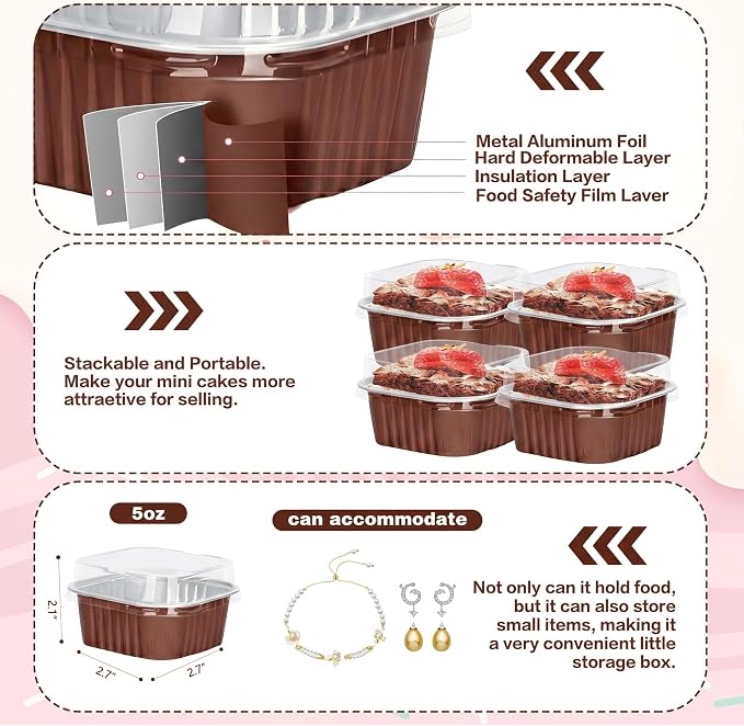 60Pack 5oz Brown Mini Cake Pans with Lids Baking Cups Aluminum Foil Pans Tins, Individual Dessert Cups Containers for Sales,Party,Picnics