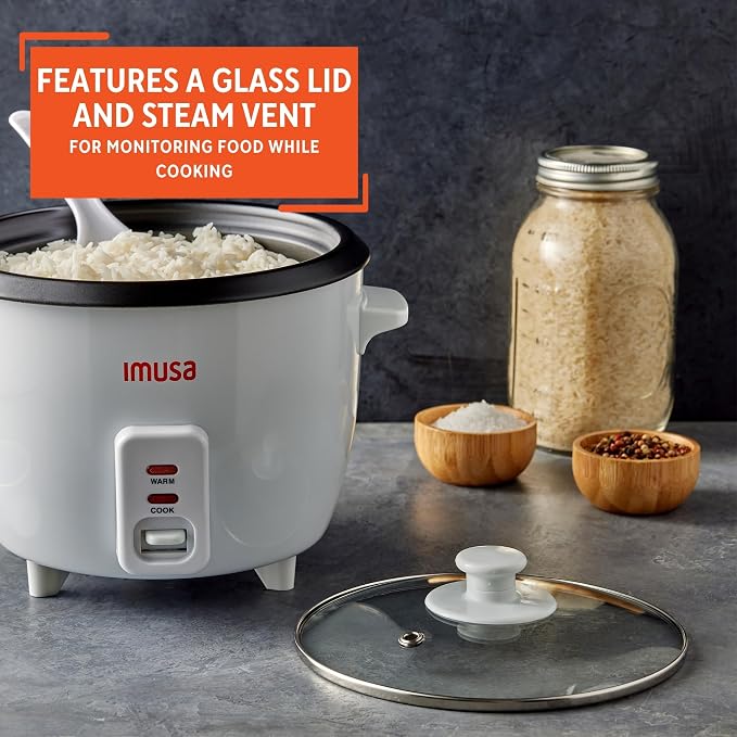 IMUSA 3 Cup Electric Ceramic Rice Cooker, White | For Rice Quinoa Oatmeal Stew, Compact for Dorms RVs Small Kitchens