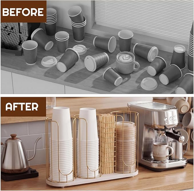 18oz Adjustable Coffee Cup Dispenser with Wooden Base, Cup and Lid Holder, Cups Holder Organizer for Coffee Pod Straw and Lid Storage(4-compartment Single,Color 4)