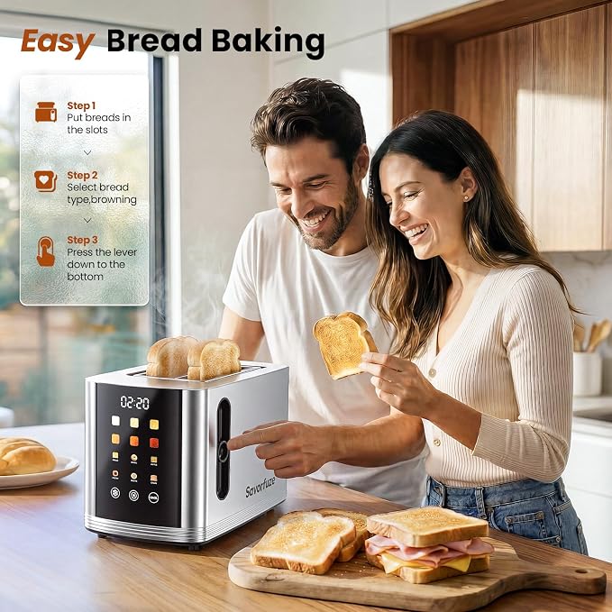 2 Slice Touchscreen Toaster Stainless Steel Smart Digital Toaster | 1.5" Extra Wide Slot Toaster, 6 Bread Types & 6 Browning Settings, LED Countdown, Reheat Defrost Cancel, for Home Dorm RV