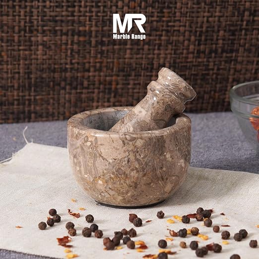 Marble Mortar and Pestle Set Oceanic 3" Inches Handmade Garlic Crusher & Grinder Bowl, Mini Mortar and Pestle for Kitchen - Herb Grinder Spice Grinder