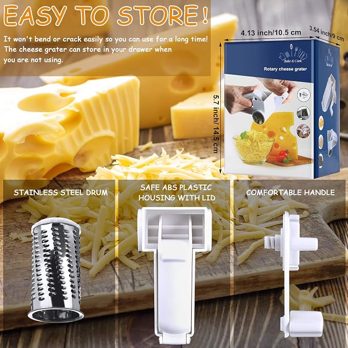 Boao Rotary Cheese Grater Manual Handheld Cheese Grater with Stainless Steel Drum for Grating Hard Chocolate Nuts Kitchen Tool(White,1 Drum)