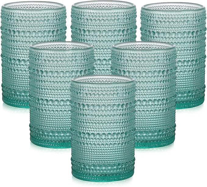ZMOWIPDL Drinking Glasses Set of 6,15 oz Lake Blue Hobnail Glass Cups | Vintage Glassware，Embossed Water Tumbler,for Beer,Cocktail,Whiskey,Juice and Various Mixed Drinks- 1 Cleaning Brush