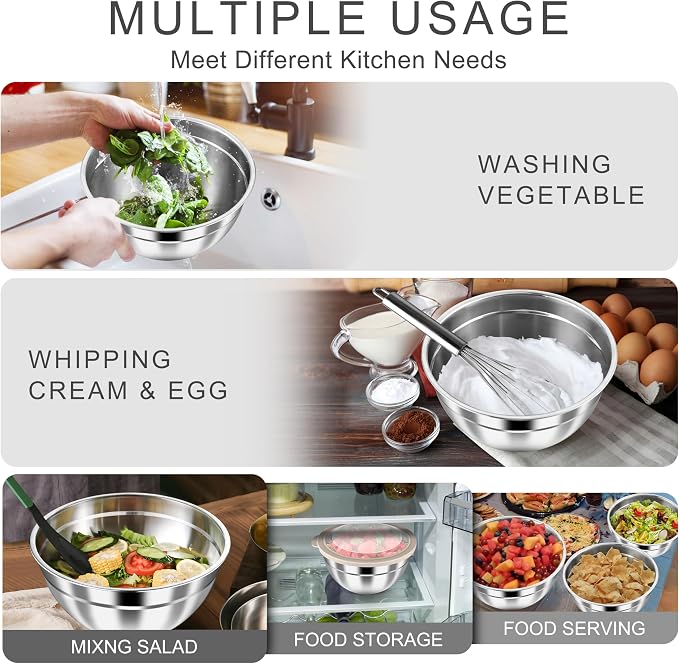 HaWare Mixing Bowls with Clear Airtight Lids, Stainless Steel Nesting Bowls | 6-Piece Metal Salad Bowl for Cooking, Prepping, Baking, Serving & Food Storage, Size 4.6, 3, 1.5QT, Khaki