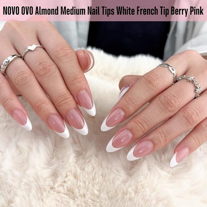 NOVO OVO White French Tip Almond Nail Tips Press on BERRY PINK, Extra Thick Medium Soft Gel Fake Nail Acrylic Extension, Need Builder Gel Top Coat, No Glue Included, for Salon DIY x 15 Sizes 240 pcs