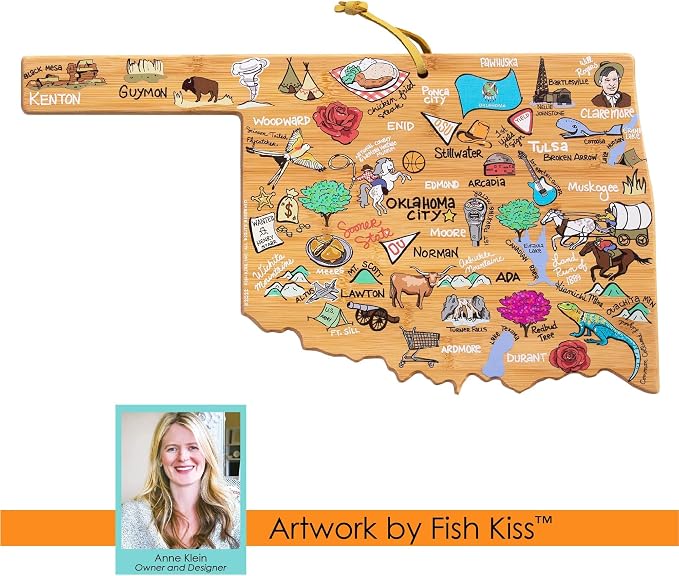 Totally Bamboo Oklahoma State Shaped Cutting Board, Art by Fish Kiss | State charcuterie board with colorful hand-drawn map artwork. Smooth reverse side for food prep. Hang tie for wall display.