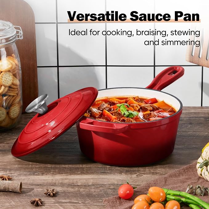 Homikit 3 Quart Saucepan with Lid, Enameled Cast Iron Sauce Pan, Enamel Cast Iron Cooking Pot Mini Dutch Oven Kitchen Cookware for Making Pasta, Boiling Soup, Warming Milk, Red