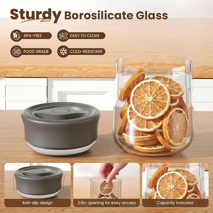Airtight Glass Storage Jar 16 oz, Easy Open 1/4-Turn Lid Coffee Container | Easy-Open Quarter-Turn Lid, Airtight, Food Grade, Transparency, with Scale
