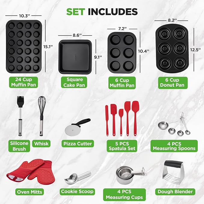 NutriChef 42-Piece Nonstick Bakeware Set | Carbon Steel Baking Pans Set with Oven Mitts, Muffin Trays, Cookie Sheets, Loaf Pan, & Accessories for Cakes, Pizza & Bread.