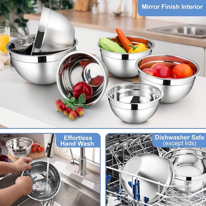 LIANYU Mixing Bowls with Lid Set of 6, Large Size 7, 3.5, 2.5, 2, 1.5, 1QT | Stainless Steel Kitchen Nesting Metal Bowl Sets, Ideal for Baking Cooking Serving Food Storage, Dishwasher Safe, Black