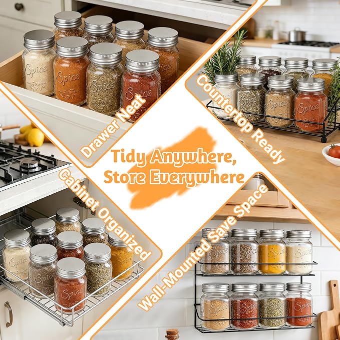 6-Pack Square Glass Spice Jars with Labels (4oz) | Spice Containers with Silver Lids | Includes 60 Labels, Metal Funnel, Extra Shaker Lids & Stirring Stick for Kitchen Seasoning Organization