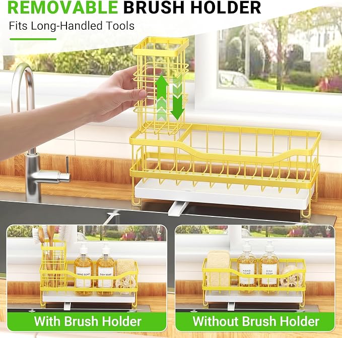 Sink Caddy, Sponge Holder for Kitchen Sink, Yellow | Self-draining Sink Organizer with Removable Brush Holder, Metal Sponge Rack for Countertop, Fits Soap Dispenser & Scrubber
