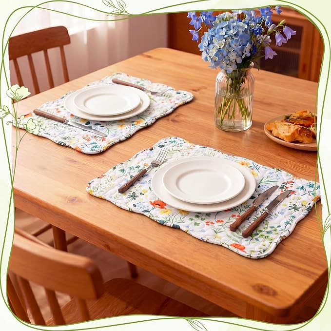 Quilted Placemats Set of 6, 18" x 13" Large Scalloped Cotton Placemat Washable Cloth Flowers Table Mats for Summer Party Kitchen Dining Farmhouse Cottagecore Decor(Wildflowers)