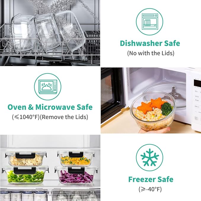 34pcs Glass Food Storage Containers with Lids Set, Airtight Glass Meal Prep Containers (17 Containers & 17 Lids), Leak Proof Lunch Container BPA-Free, Microwave, Oven, Freezer, Dishwasher Safe-Black