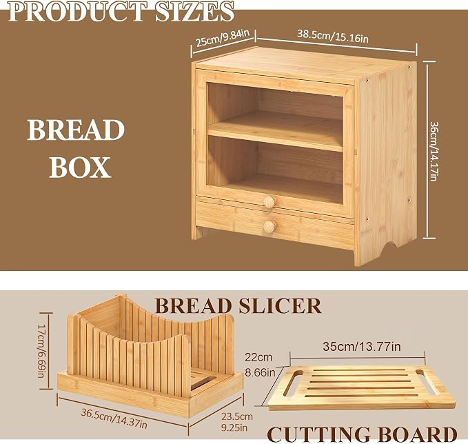 2 Tier Bread Box with Slicer and Cutting Board Extra Large | Bread Storage, Keep Bread Fresh, Bamboo, Large Capacity, Space-Saving, Acrylic Window, for Homemade Bread, Kitchen Storage