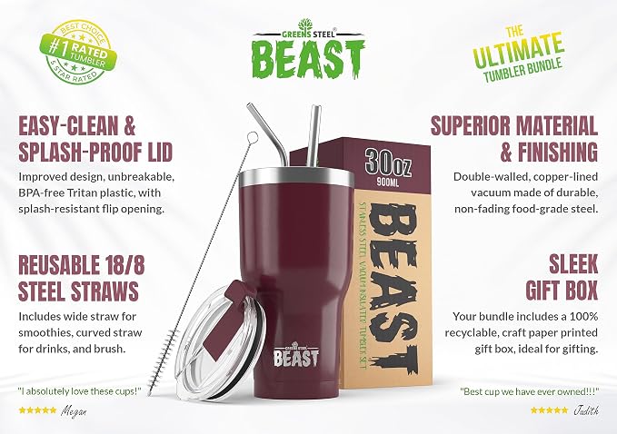 Beast 30 oz Tumbler Stainless Steel Vacuum Insulated Coffee Ice Cup Double Wall Travel Flask (Cranberry Red)