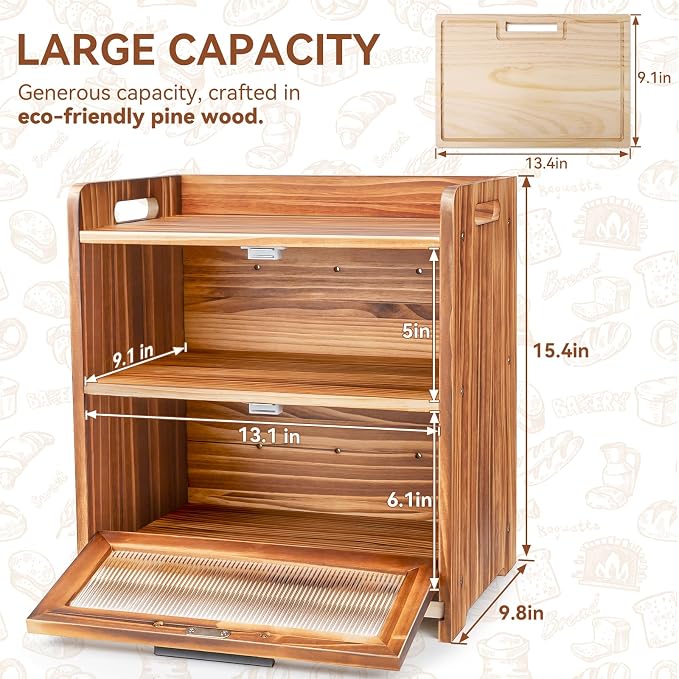 Bread Box for Kitchen Countertop, Large Wooden Breadbox with Cutting Board | Double Layer Bread Storage Container for Homemade Bread with Handles, Acrylic Window and Air Vents Keep Bread Fresh (Brown)