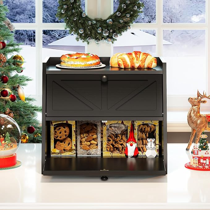 Trironsun Vintage Double Layer Bread Box for Kitchen Counter Bamboo Bread Storage Container Large Capacity Bread Storage Bin (Black)