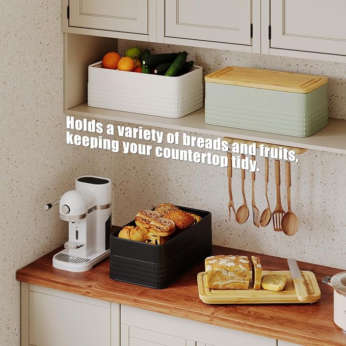 Bread Box for Kitchen Countertop,Metal Bread Storage Bin with Bamboo Cutting Board Lid, Includes Bread Knife, Fits Sourdough & Buns, Stylish Organize (Black)