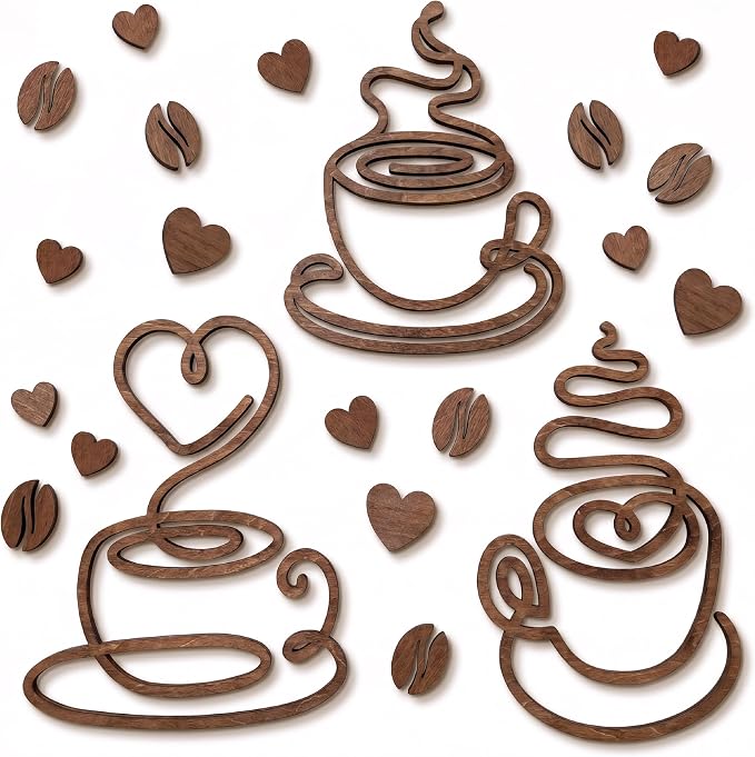 Vintage Coffee Line Art Signs, 3 Pc Wood Farmhouse Cafe Bar Decor | 3 wood pieces 7.8x5.7 in, 15 mini hearts, 10 coffee beans, 50 adhesive dots, kitchen and tabletop