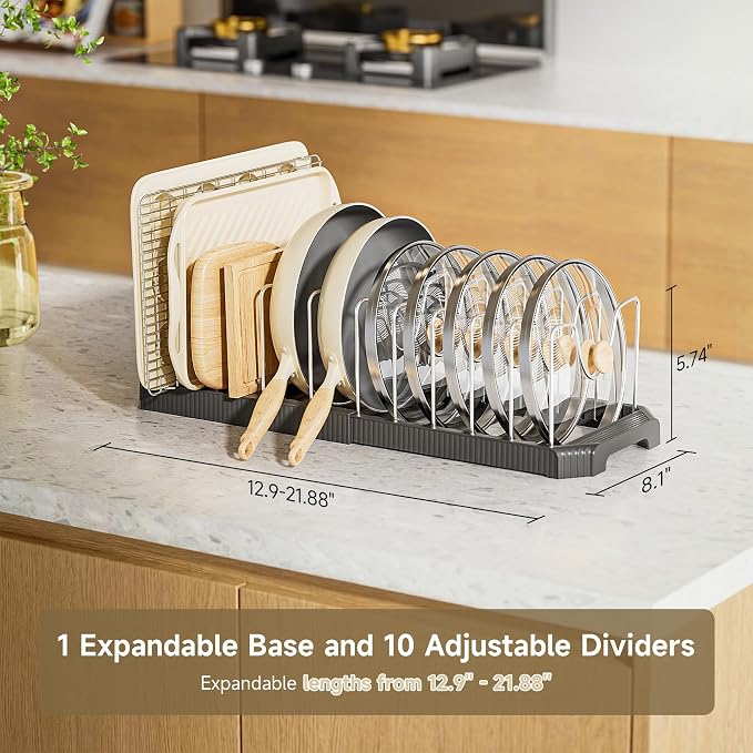 MUDEELA Pots and Pans Organizer under Cabinet, Pan Pot Organizer Inside Cabinet, Expandable 12.9''-21.88'' Pot Lid Organizer Holder with 12 Adjustable Dividers for Cutting Boards, Pan Lid Rack, Black
