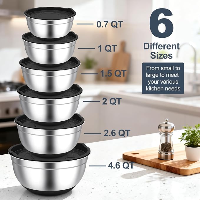 TeamFar Mixing Bowls, Stainless Steel Salad Bowls with Lids - Black | Nesting Bowls with Non-slip Bottom, for Kitchen Baking Preparing Serving, Stackable & 6PCS - 4.6 /2.6 /2 / 1.5 /1 / 0.7 Qt