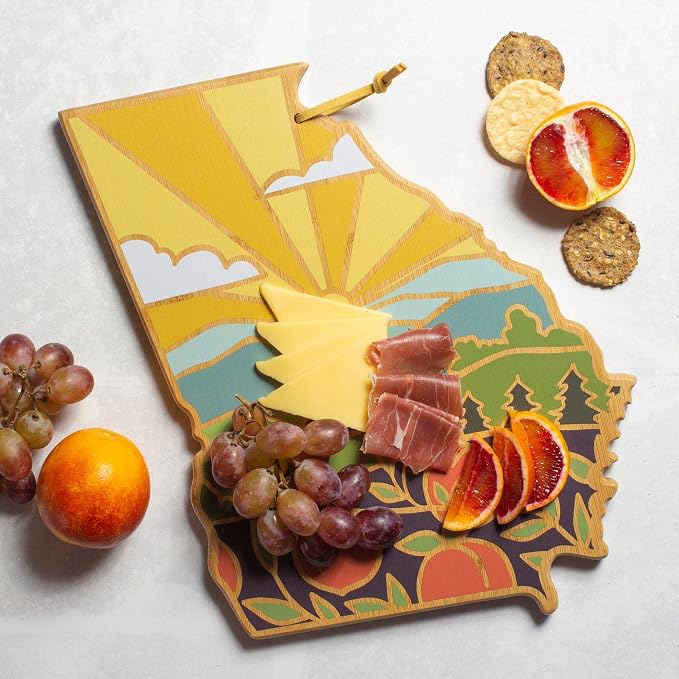Totally Bamboo Georgia State Shaped Cutting Board, Summer Stokes Art | State charcuterie board with colorful hand-drawn landscape art. Smooth reverse side for food prep. Hang tie for wall display.