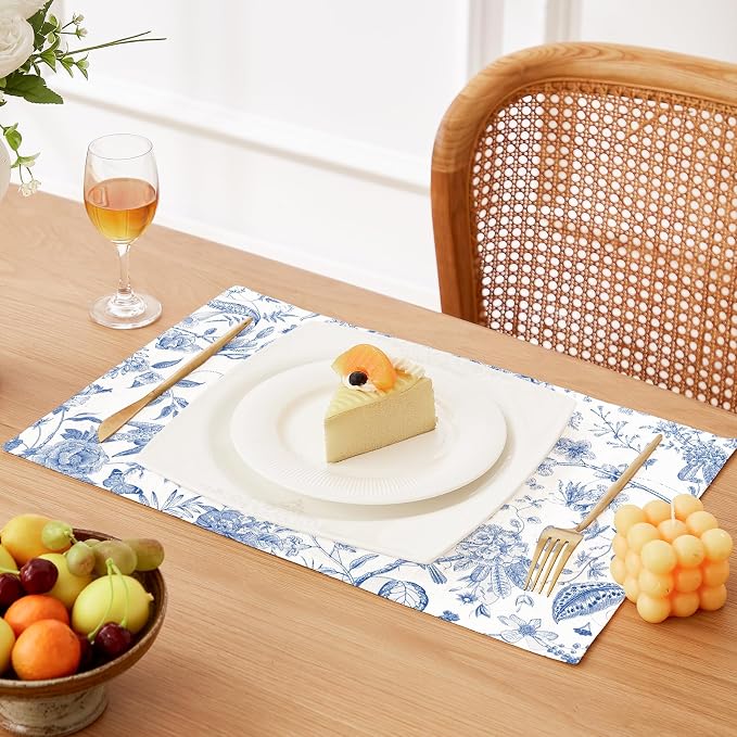 QIYI Boho Table Placemats Set of 6, 12"x18" Linen Place Mats, Blue Garden | Fabric Place Mats for Kitchen Dinning, Farmhouse Rustic Cloth Table Mats, Washable Placemat Party Table Décor