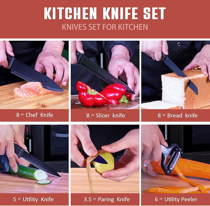 Knife Set,10-Piece Stainless Steel Kitchen Knife Set with Block,Black | Compact Small Countertop Holder,Pro-Sharpened Stainless Steel Chef Knives, Space Saving Knife Set for RV & Apartment