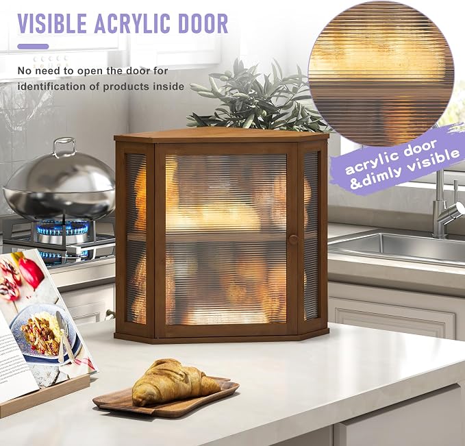 Corner Bread box for Kitchen Countertop,Farmhouse Bread Box with Acrylic Wavy Door Panel,Large Bread box for kitchen countertop,Food Storage Container (Brown, Extra Large)