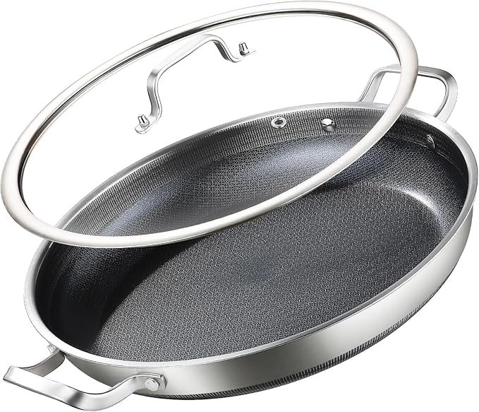 DELARLO Nonstick Paella Pan With Lid 14 Inch, Tri-Ply Stainless Steel Large Skillet, Everyday Pan, Fast & Even Heating Induction Cooking Pan, Dishwasher and Oven Safe, Heavy Duty Style