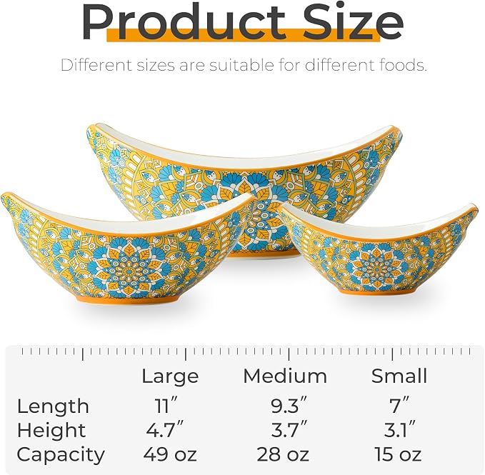 LAUCHUH Serving Bowls with Handles, Bohemian Porcelain Serving Dishes | Mixing Bowls for Entertaining Colorful Nesting Bowls Salad Bowls for Kitchen, Thanksgiving, Set of 3, 15/28/49 oz, Blue & Red