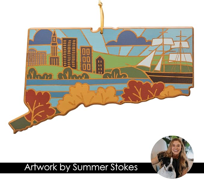 Totally Bamboo Connecticut State Shaped Cutting Board and Charcuterie Serving Platter with Artwork by Summer Stokes, Includes Hang Tie for Wall Display