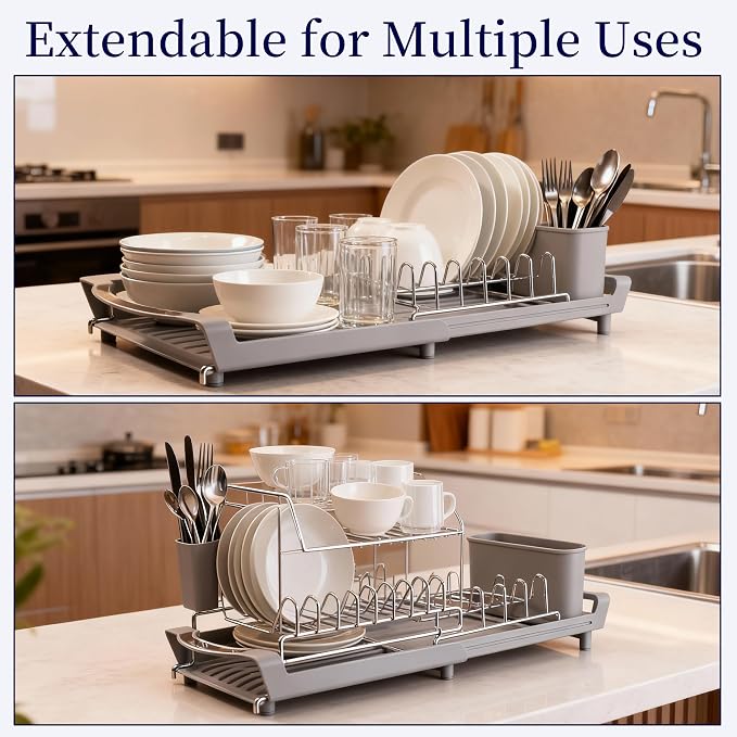 Dish Drying Rack Compact Expandable - A Space-Saving, Stainless Steel, Rust-Resistant Dish Drainer for Kitchen and Apartment Countertops/Sink Cabinets, Extendable from 11.42 to 19.9 inches (Gray)