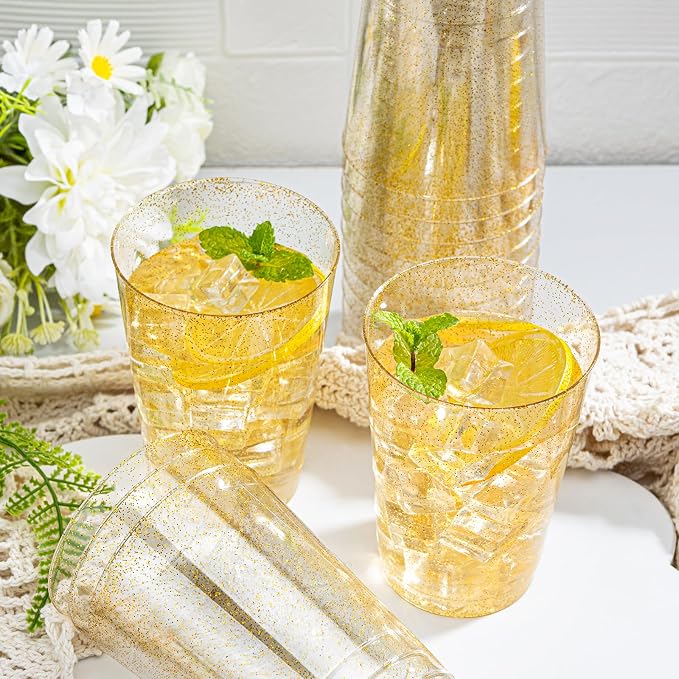 I00000 50 Pack 12 oz Gold Glitter Plastic Cups, Clear Disposable Cups, Disposable Plastic Wine Glasses Cocktail Glasses Premium Cups, 12 Ounce Glitter Tumblers for Party & Wedding