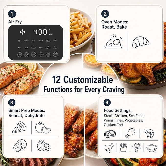 Fullwill 6QT Air Fryer w/Window, 12-in-1: Fry,Roast,Bake,Dehydrate,Fries. Nonstick, Dishwasher-Safe Basket. Family/Friends Party. Max 400°F,1700W,Dark Blue